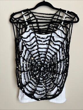 Halloween Costume Black Spider Web Yarn Pullover Vest with beads Custom Handmade